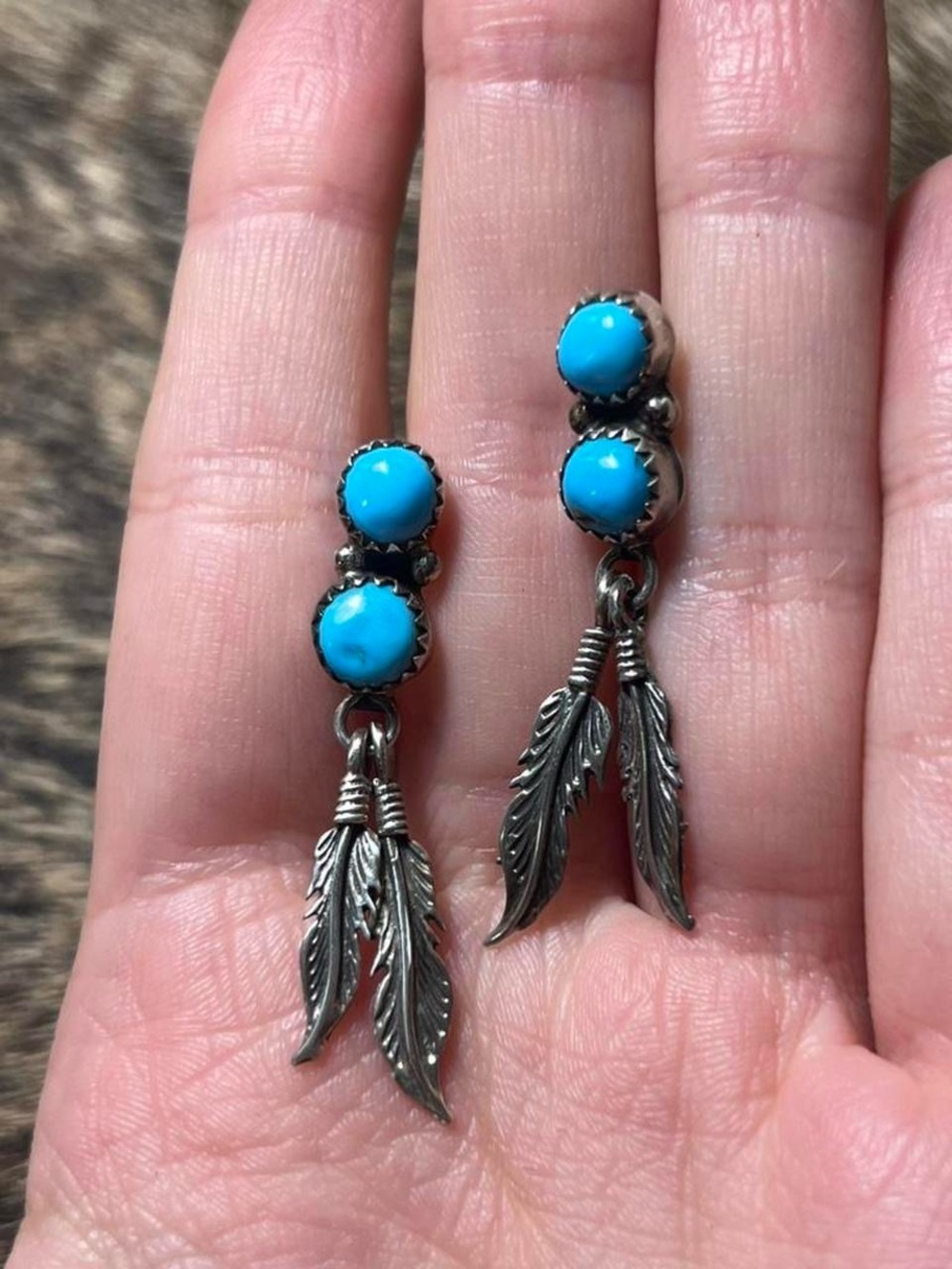 Sterling silver Native American Navajo double turquoise feather drop earrings